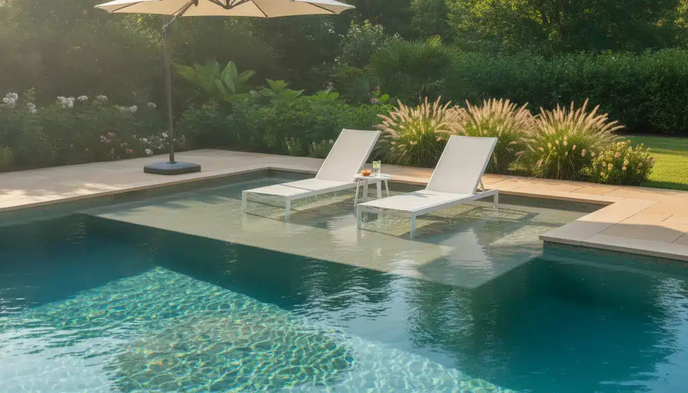 Two white lounge chairs by a luxurious pool with surrounding greenery