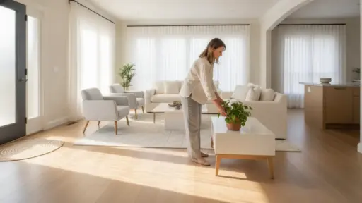 Woman arranging potted plant on coffee table in bright, modern living room