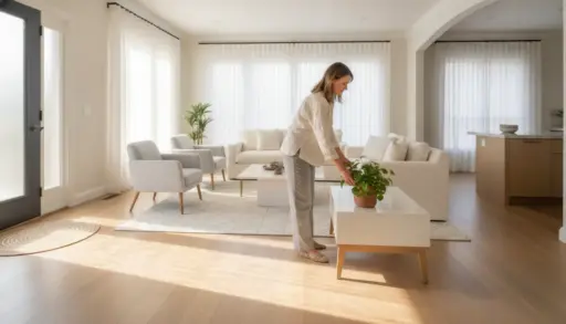 Woman arranging potted plant on coffee table in bright, modern living room