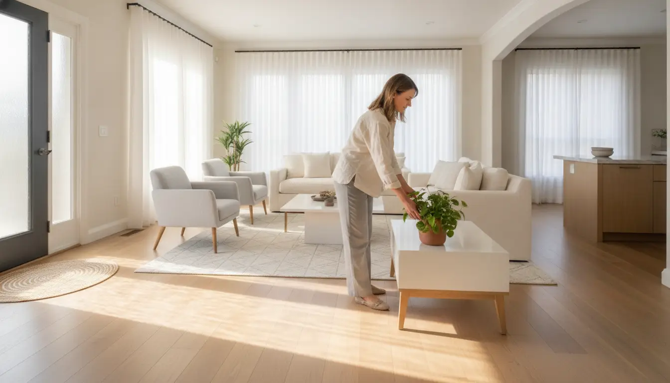 Woman arranging potted plant on coffee table in bright, modern living room