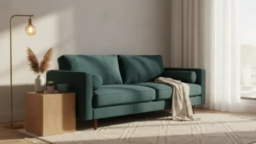 Teal sofa with knitted throw in sunlit living room beside wooden side table and modern lamp