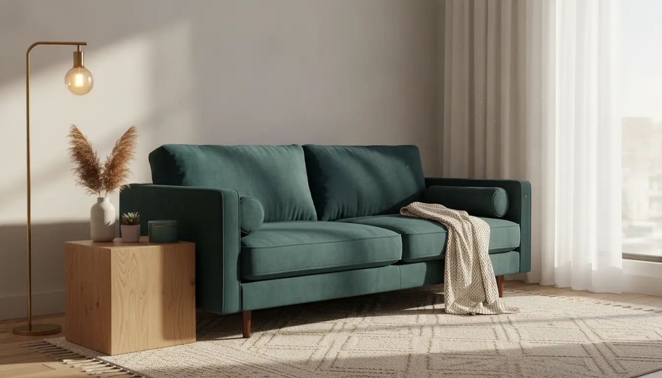 Teal sofa with knitted throw in sunlit living room beside wooden side table and modern lamp