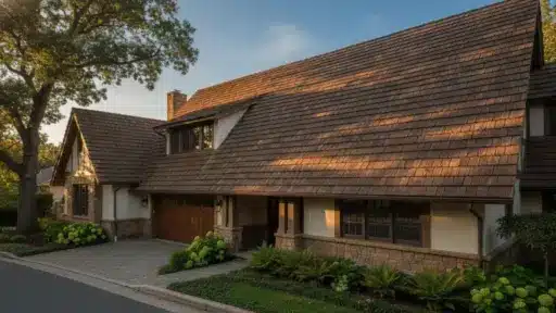 Large stone house with brown shingle roof and lush landscaping in evening light