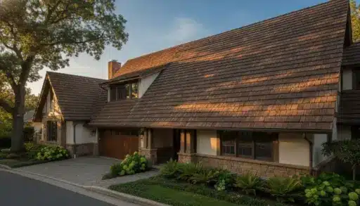 Large stone house with brown shingle roof and lush landscaping in evening light