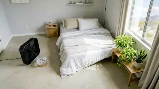 Cozy bedroom with neatly made bed, potted plants, and a fan on concrete floor