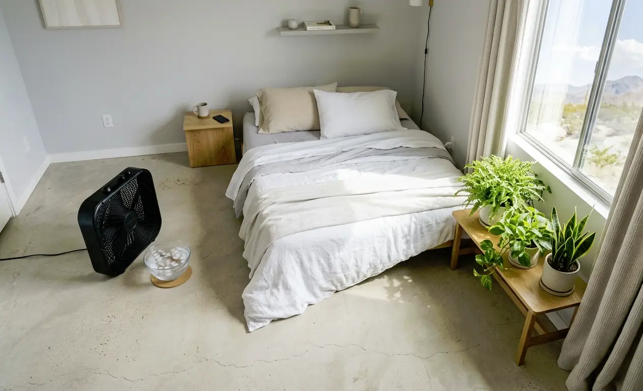 Cozy bedroom with neatly made bed, potted plants, and a fan on concrete floor