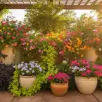 Colorful flowers overflowing from large pots under a wooden pergola in a sunlit garden setting