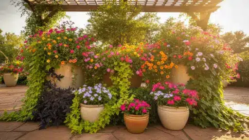 Colorful flowers overflowing from large pots under a wooden pergola in a sunlit garden setting