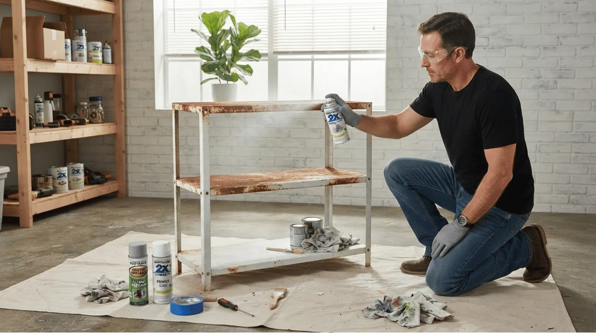 rusty metal shelving unit being repainted olive green on a drop cloth in a bright workshop
