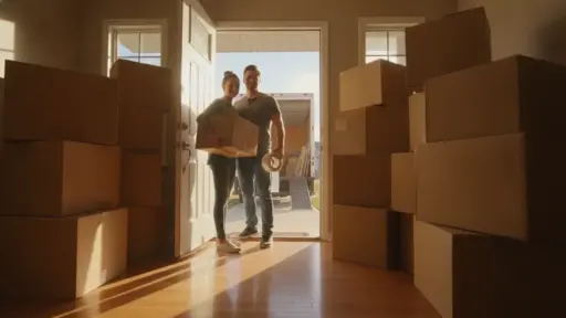 Couple carrying boxes into sunlit room with stacked moving boxes and open door