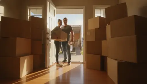 Couple carrying boxes into sunlit room with stacked moving boxes and open door
