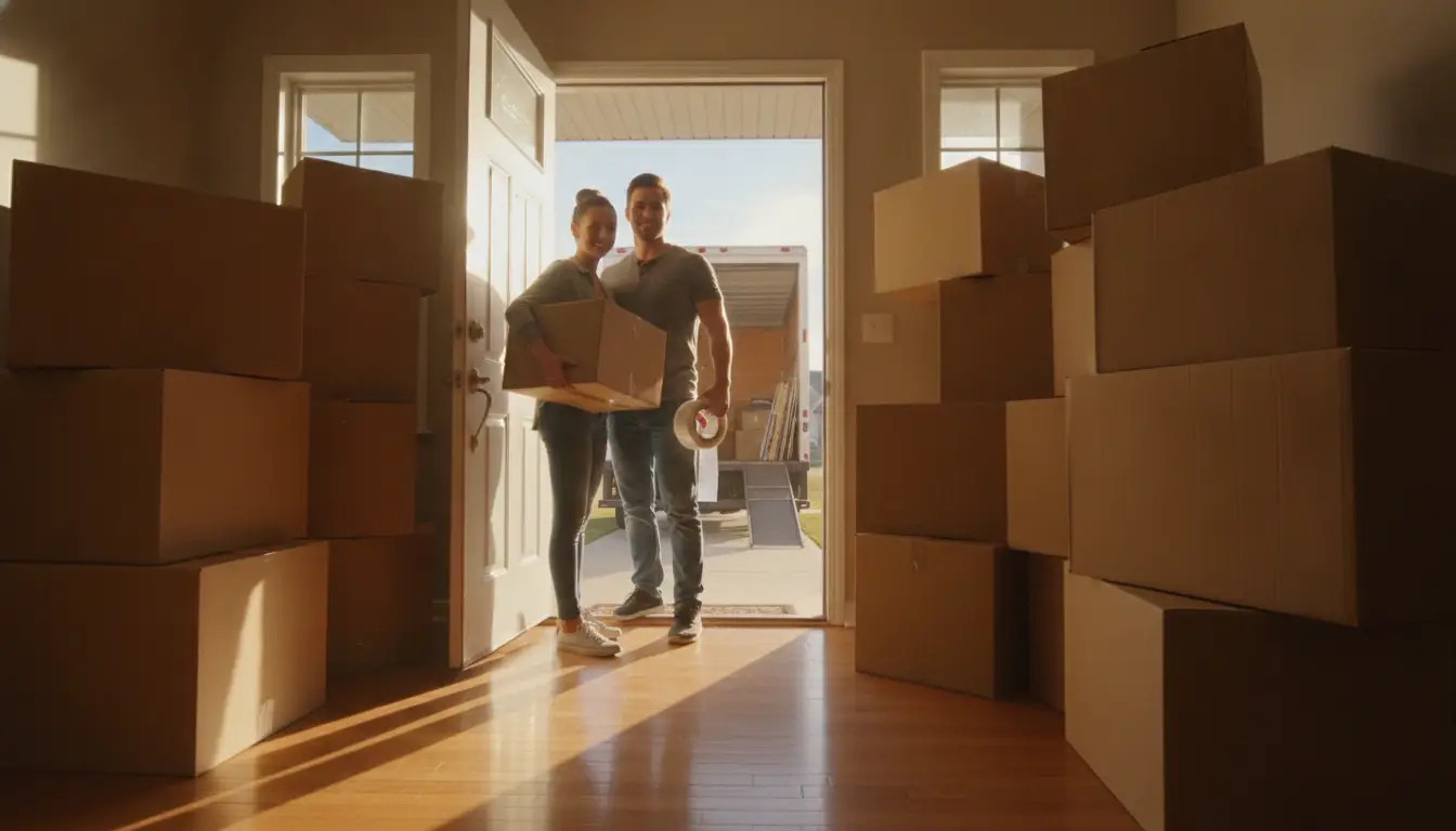 Couple carrying boxes into sunlit room with stacked moving boxes and open door