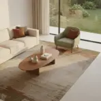 Modern living room with beige sofa, wooden coffee table, and large window view of garden