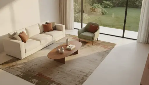 Modern living room with beige sofa, wooden coffee table, and large window view of garden