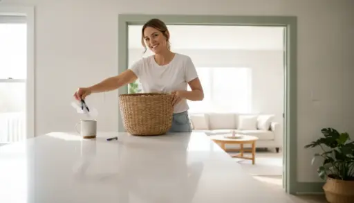Woman placing paper in wicker basket on white countertop in bright living room