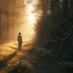 Person standing on sunlit forest path surrounded by tall trees and dense foliage