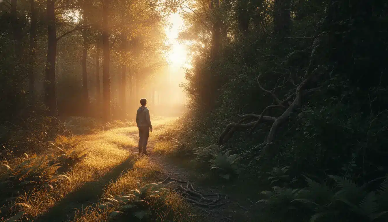 Person standing on sunlit forest path surrounded by tall trees and dense foliage