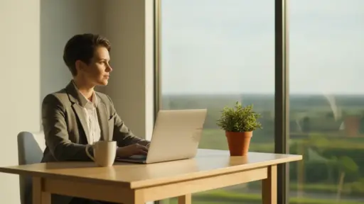 Person in gray blazer working on laptop at wooden desk near large window with scenic view