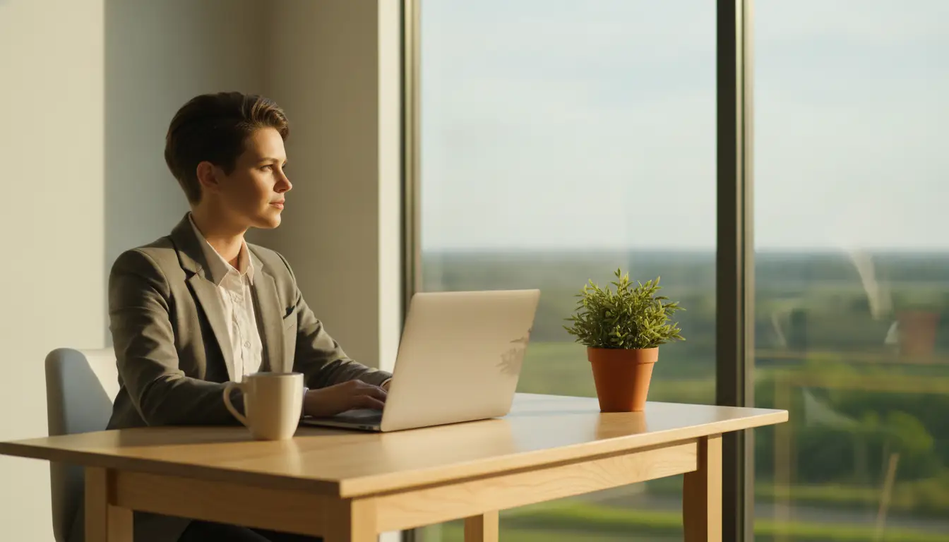 Person in gray blazer working on laptop at wooden desk near large window with scenic view