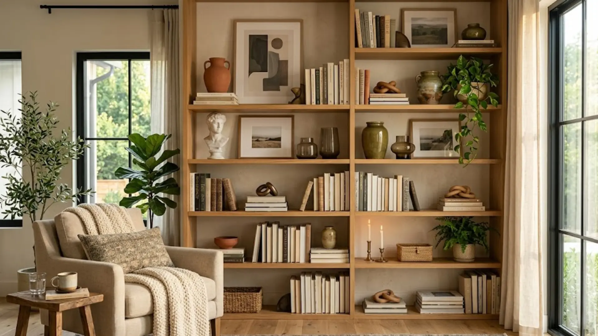 wooden built-in bookshelf styled with terracotta vases, ceramic bust, framed art, plants, and stacked books