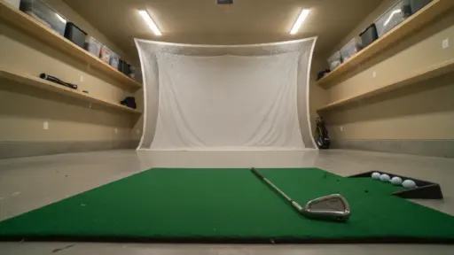 Golf practice setup in indoor garage with net, green mat, and golf clubs on floor