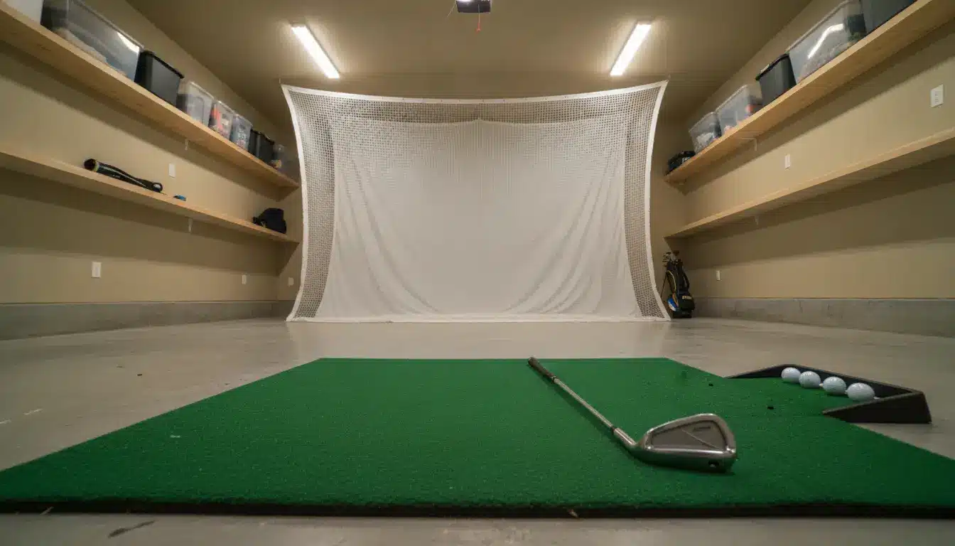 Golf practice setup in indoor garage with net, green mat, and golf clubs on floor