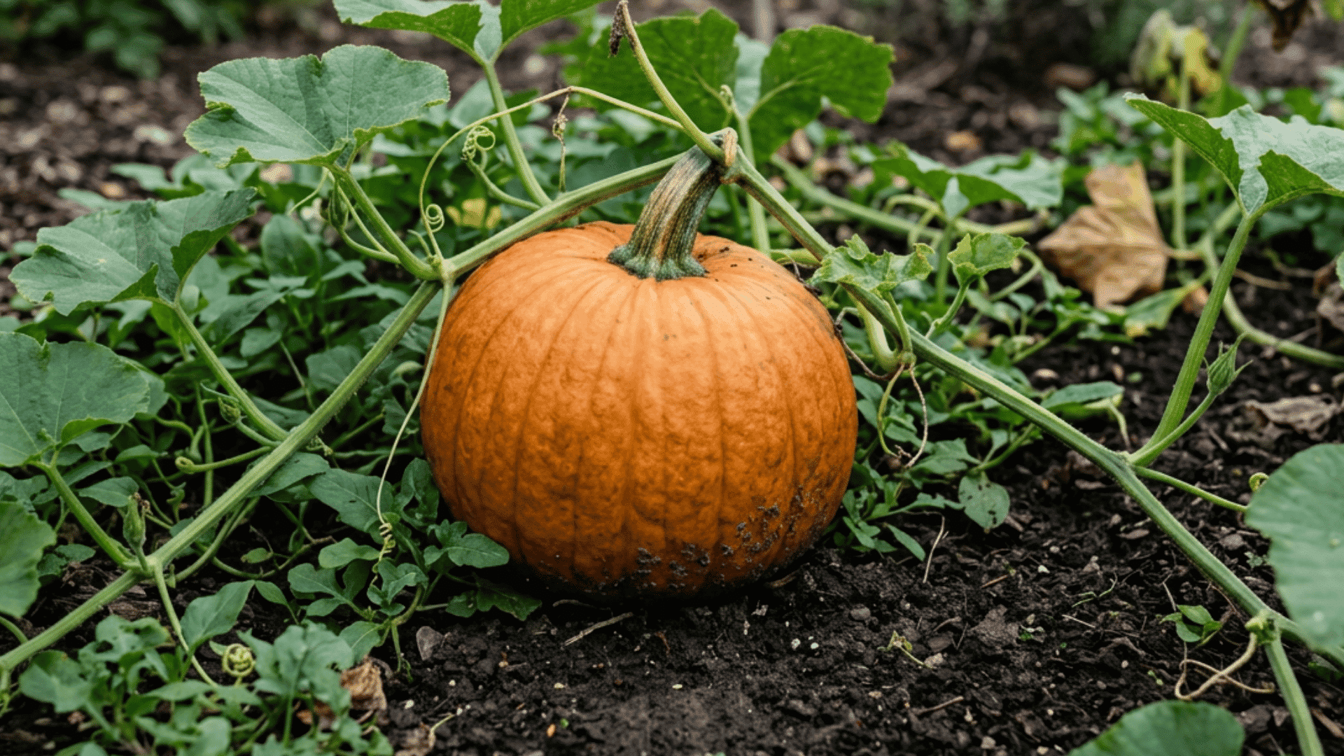 howden pumpkin growing on dark garden soil surrounded by green vines curling tendrils and broad leaves