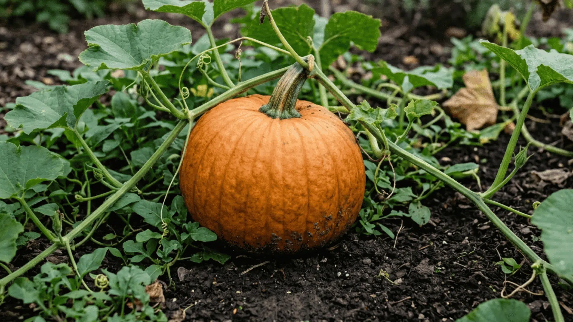 howden pumpkin growing on dark garden soil surrounded by green vines curling tendrils and broad leaves