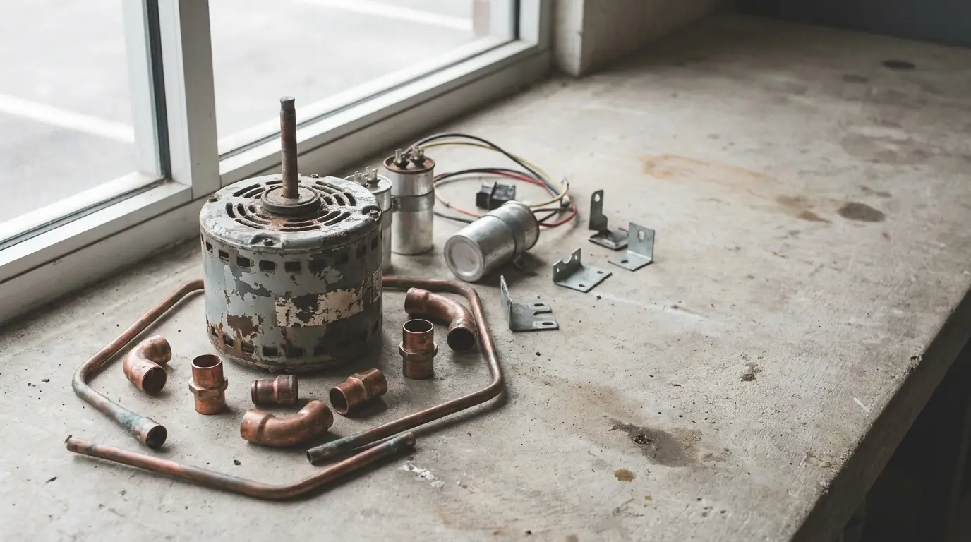 Old electric motor parts and copper pipes on a concrete workbench near window