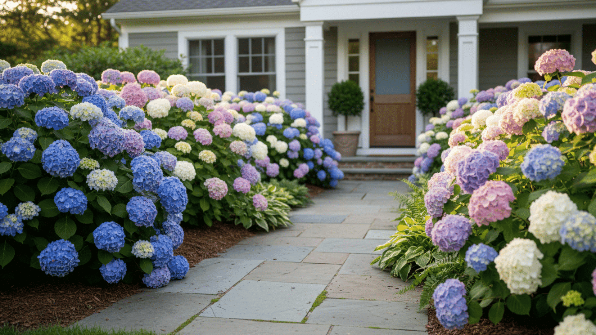 Hydrangeas colorful hydrangea blooms near sunny front porch with vibrant landscaped garden beds