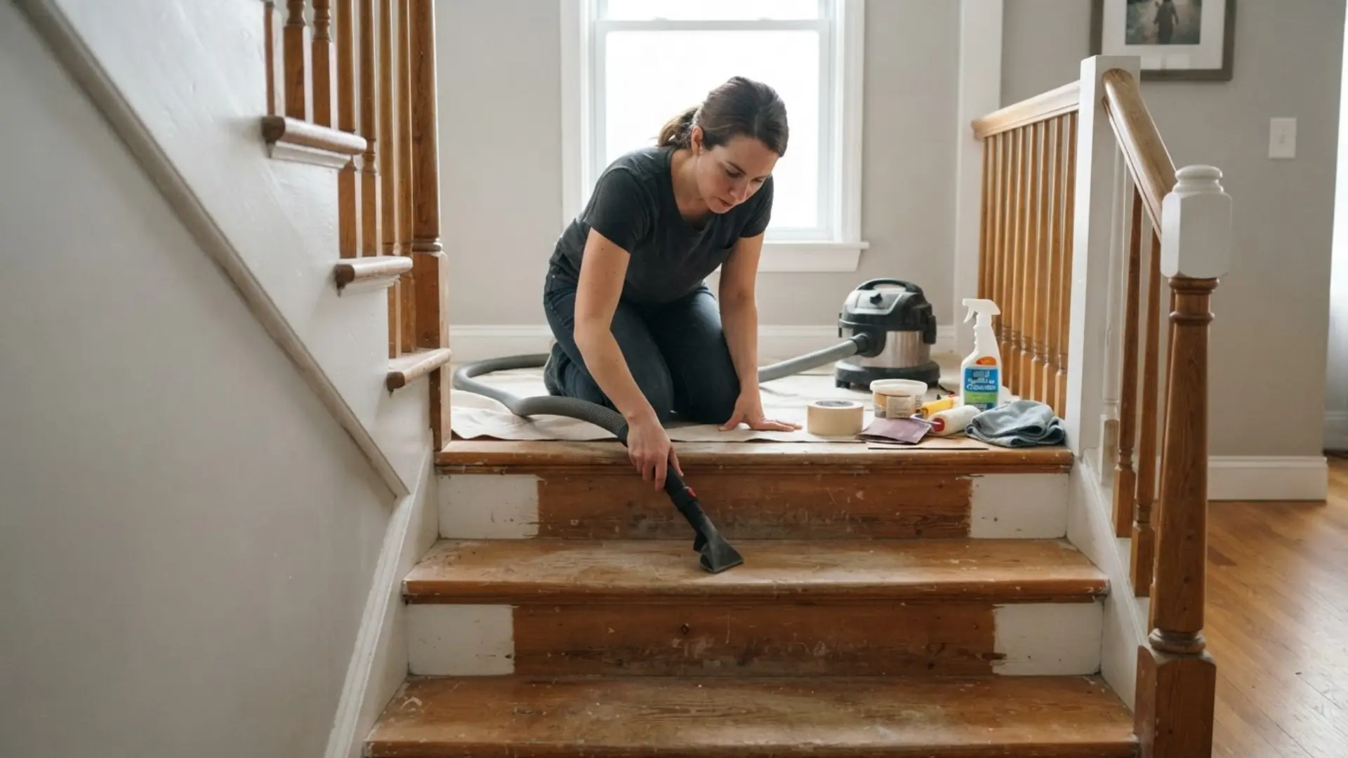 person cleaning dusty wooden stairs with a vacuum before painting in a bright home stairwell