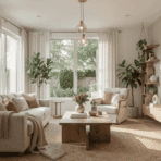 image of a morning room with cozy white sofas and a big white painting