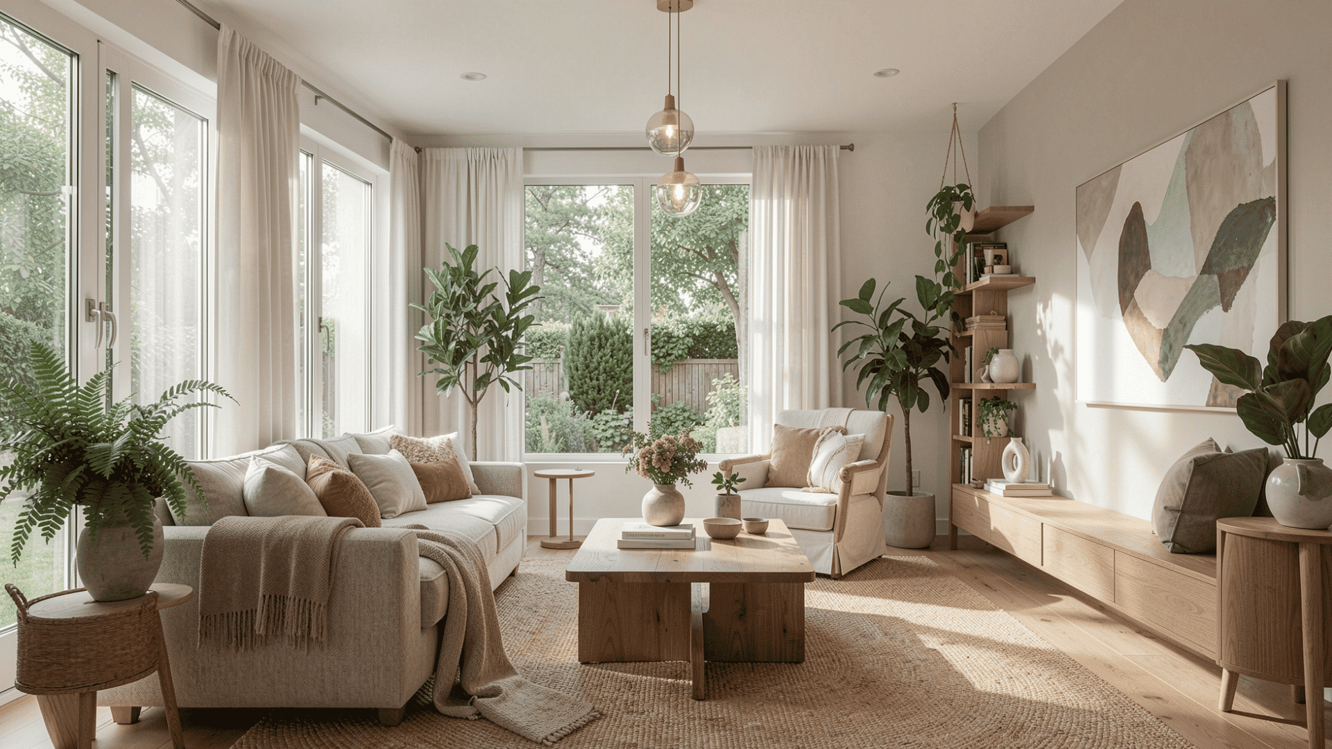image of a morning room with cozy white sofas and a big white painting