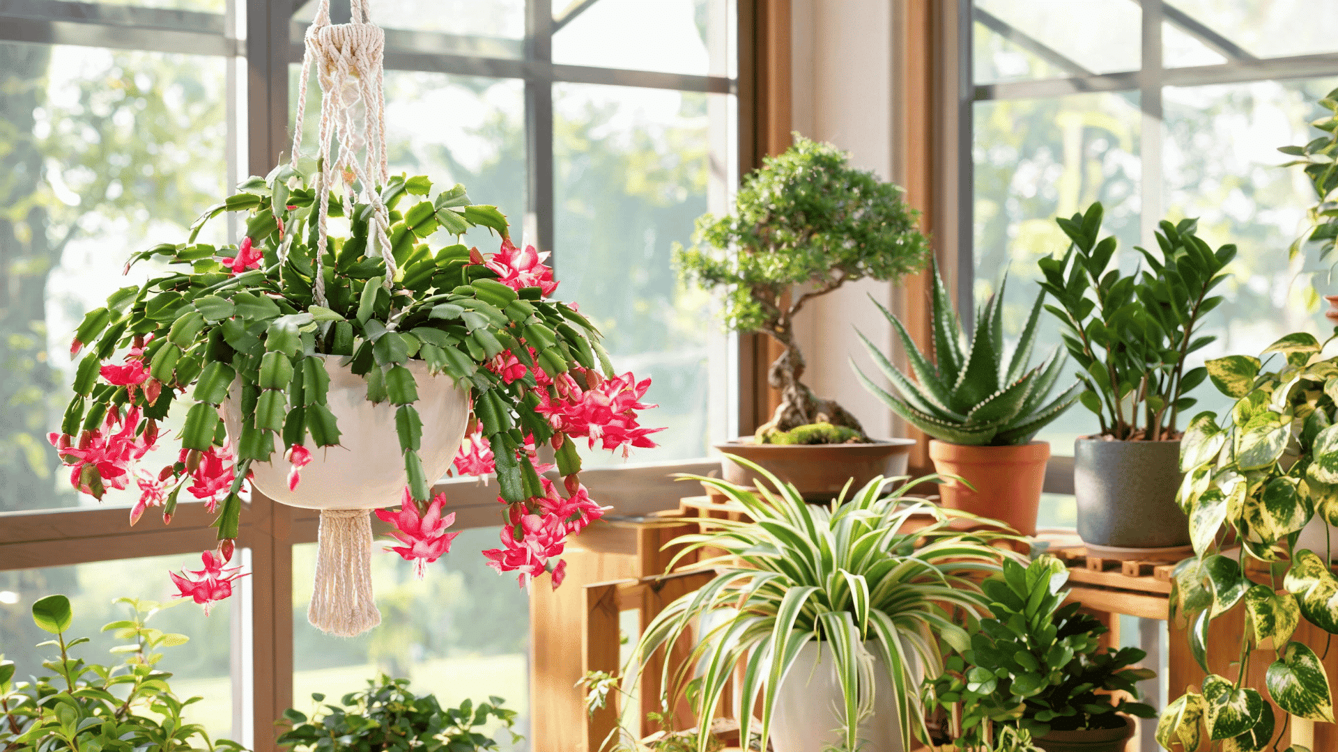 image of pothas spider plant zz plant christmas cactus bonsai and aloe vera