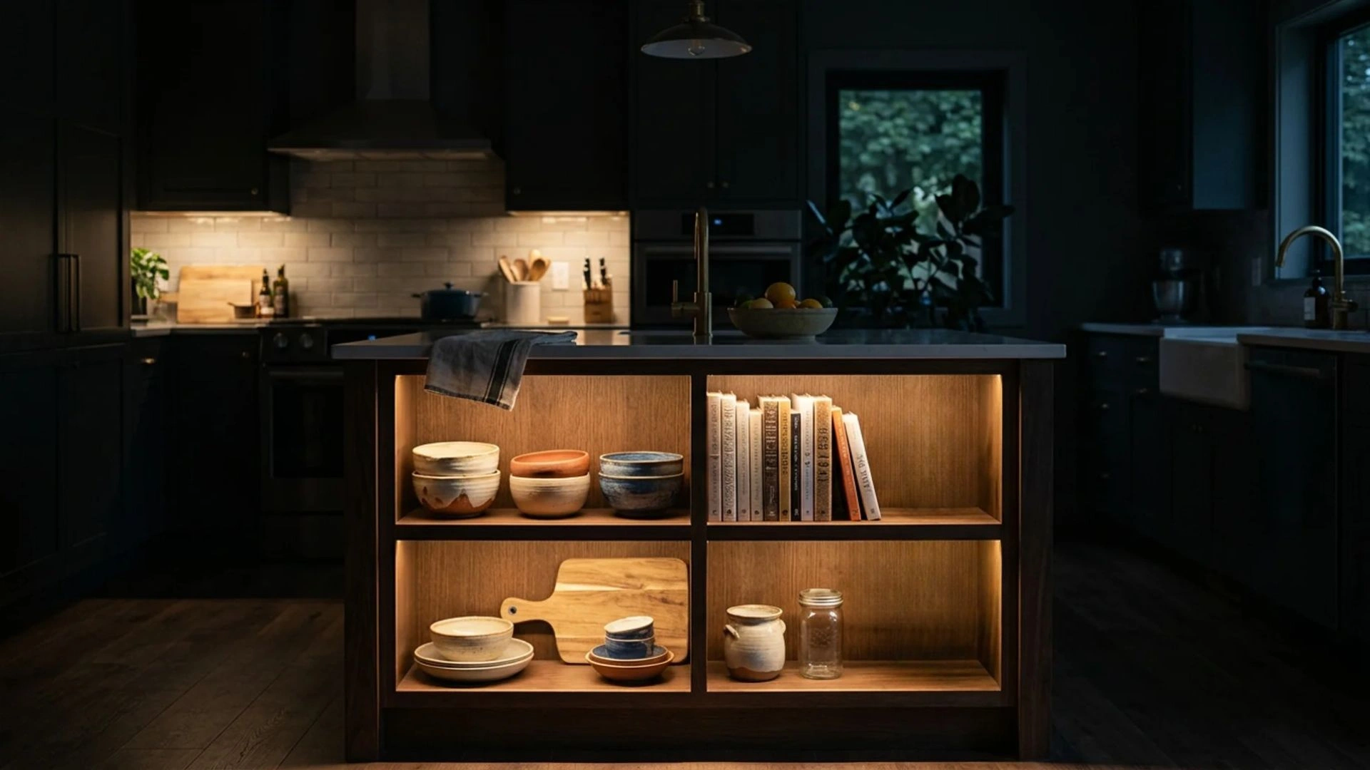 warm led strip lighting illuminating open shelves on kitchen island with ceramic bowls and cookbooks inside