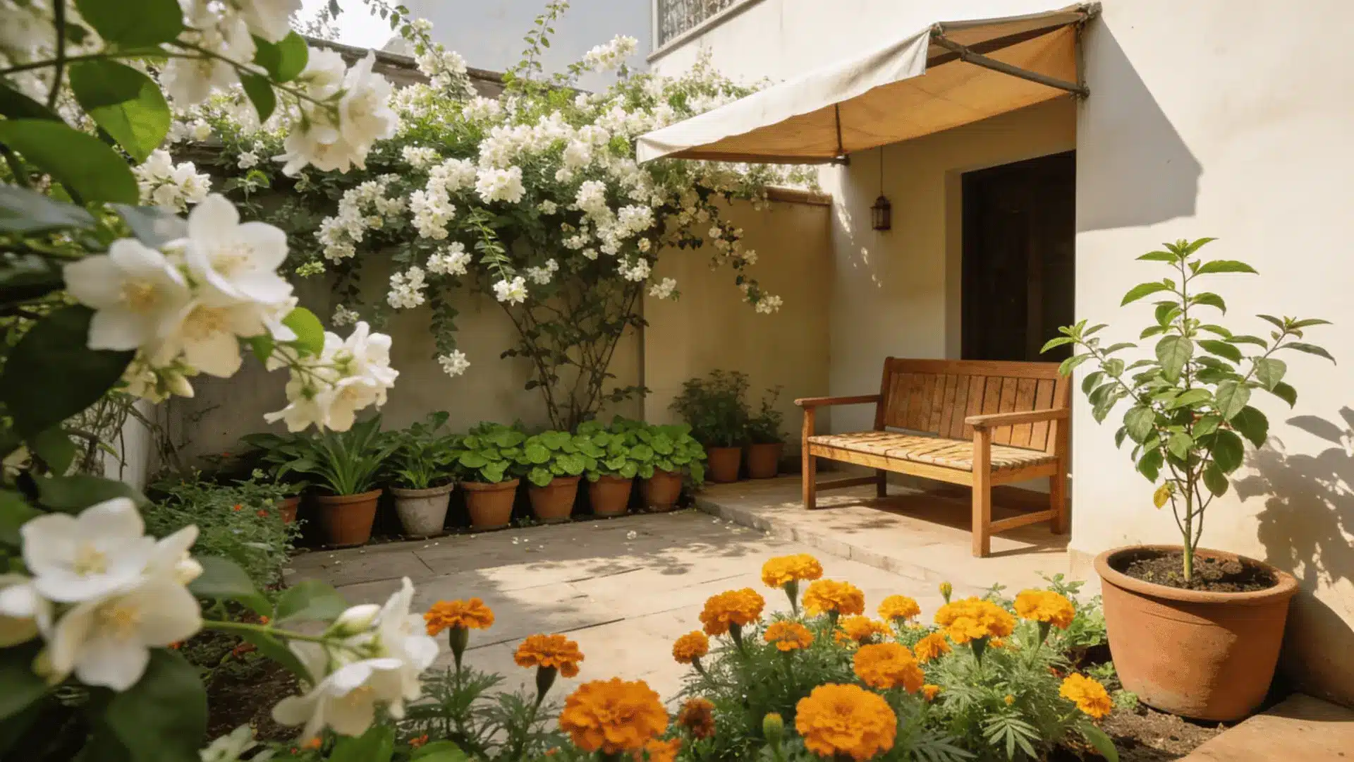 small courtyard patio with wooden bench potted plants white climbing flowers orange marigolds and canvas awning