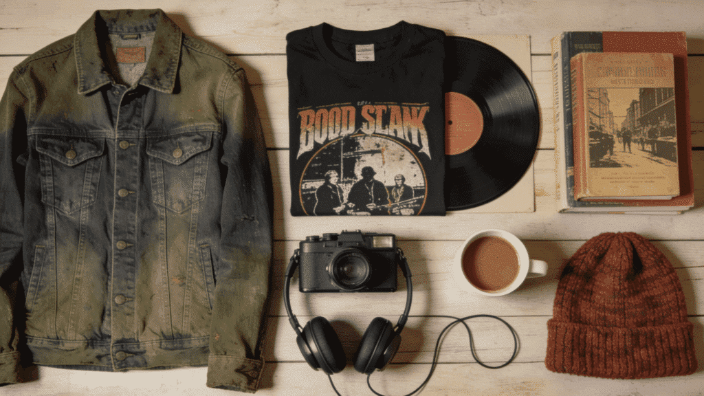 indie aesthetic with vintage denim graphic tshirt vinyl records and relaxed creative fashion styling