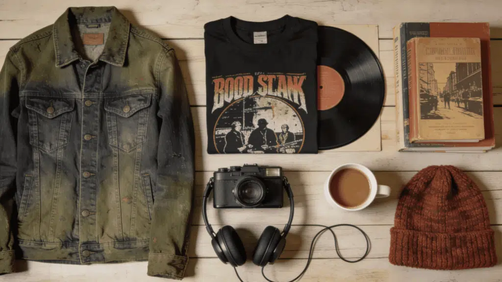indie aesthetic with vintage denim graphic tshirt vinyl records and relaxed creative fashion styling