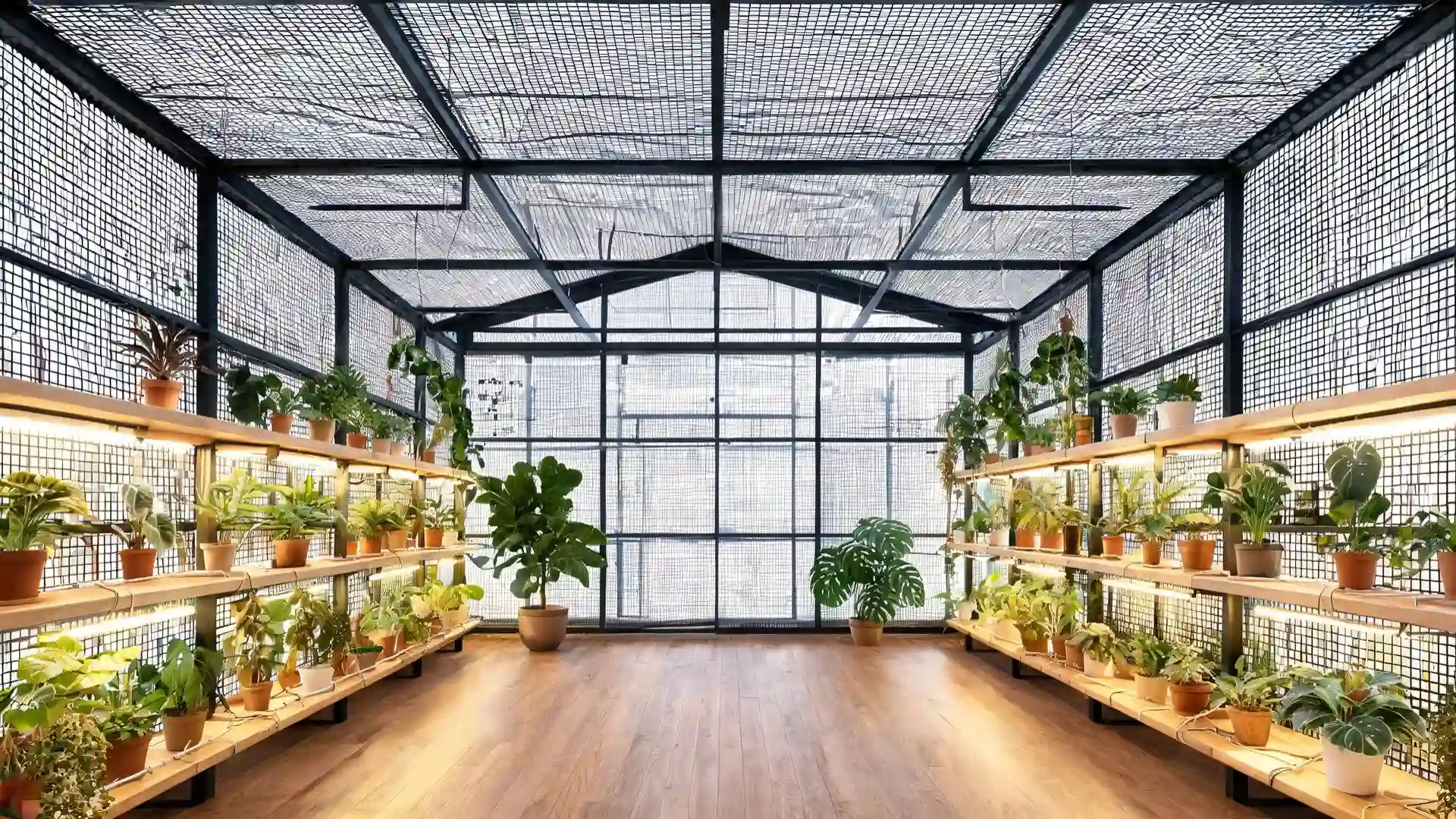 tiered wood shelving along both walls holding rows of tropical plants in terracotta pots under grow lights