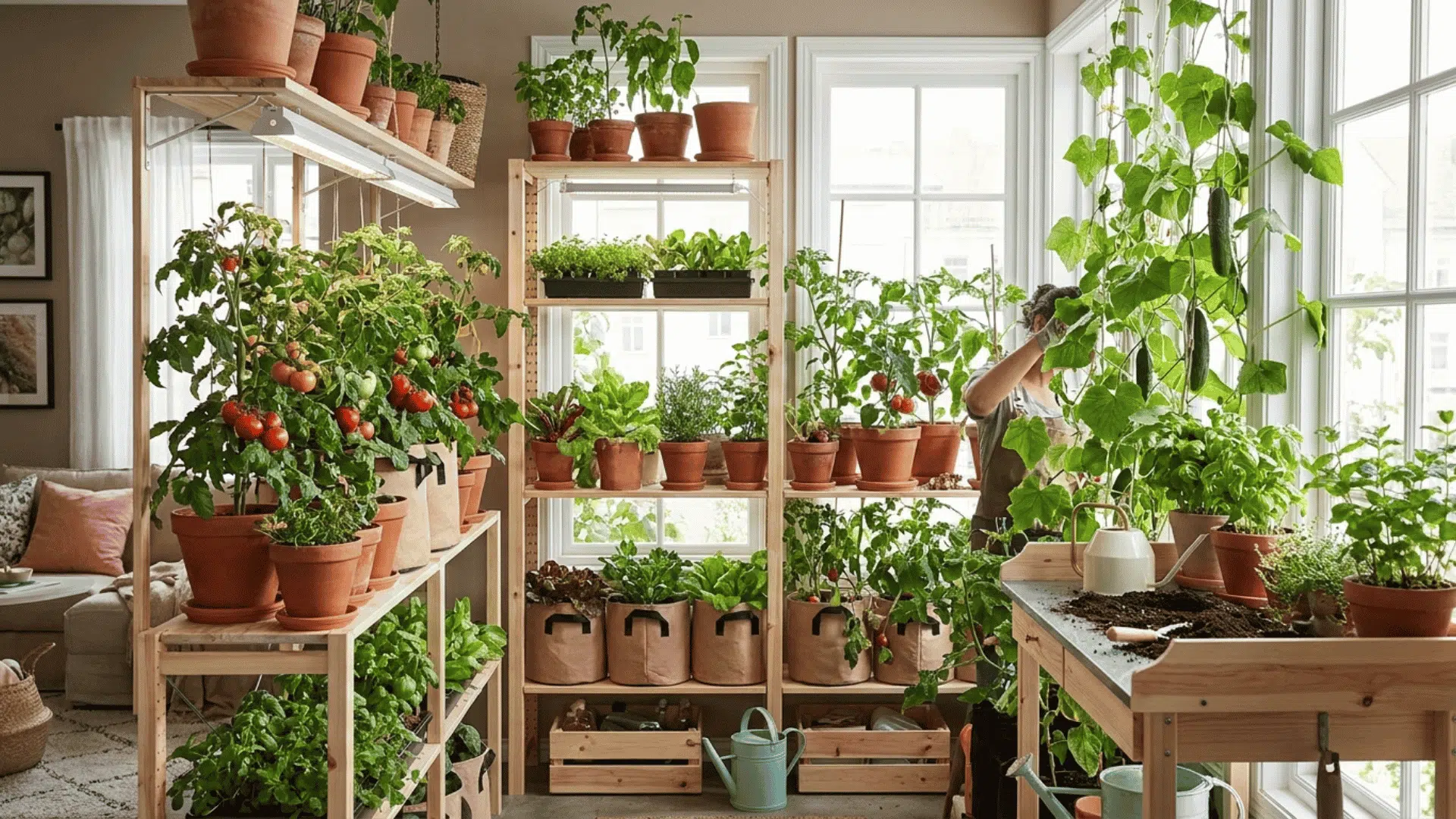 indoor garden with potted tomato and cucumber plants growing beside sunny windows and wooden shelves indoors
