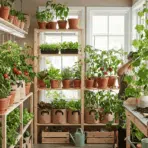 indoor garden with potted tomato and cucumber plants growing beside sunny windows and wooden shelves indoors