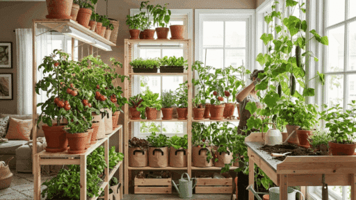 indoor garden with potted tomato and cucumber plants growing beside sunny windows and wooden shelves indoors