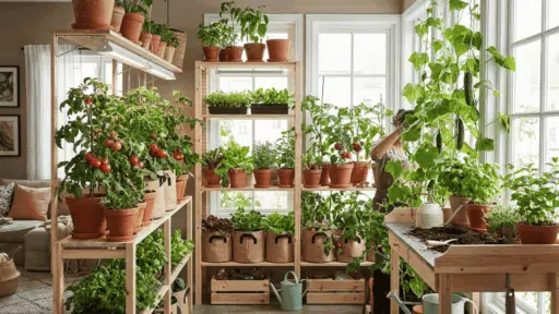 indoor garden with potted tomato and cucumber plants growing beside sunny windows and wooden shelves indoors