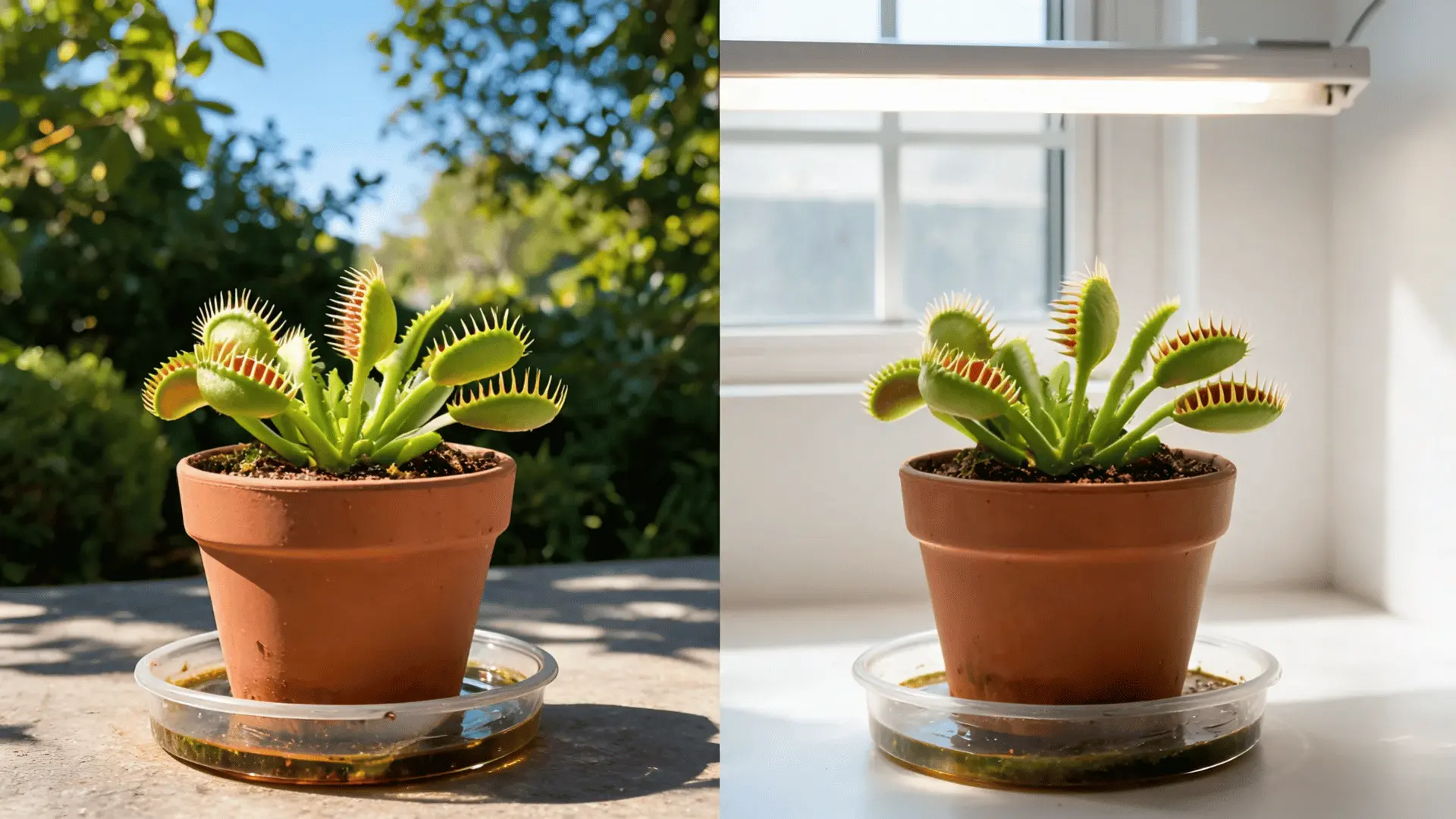 venus flytraps growing outdoors in sunlight and indoors beneath a grow light