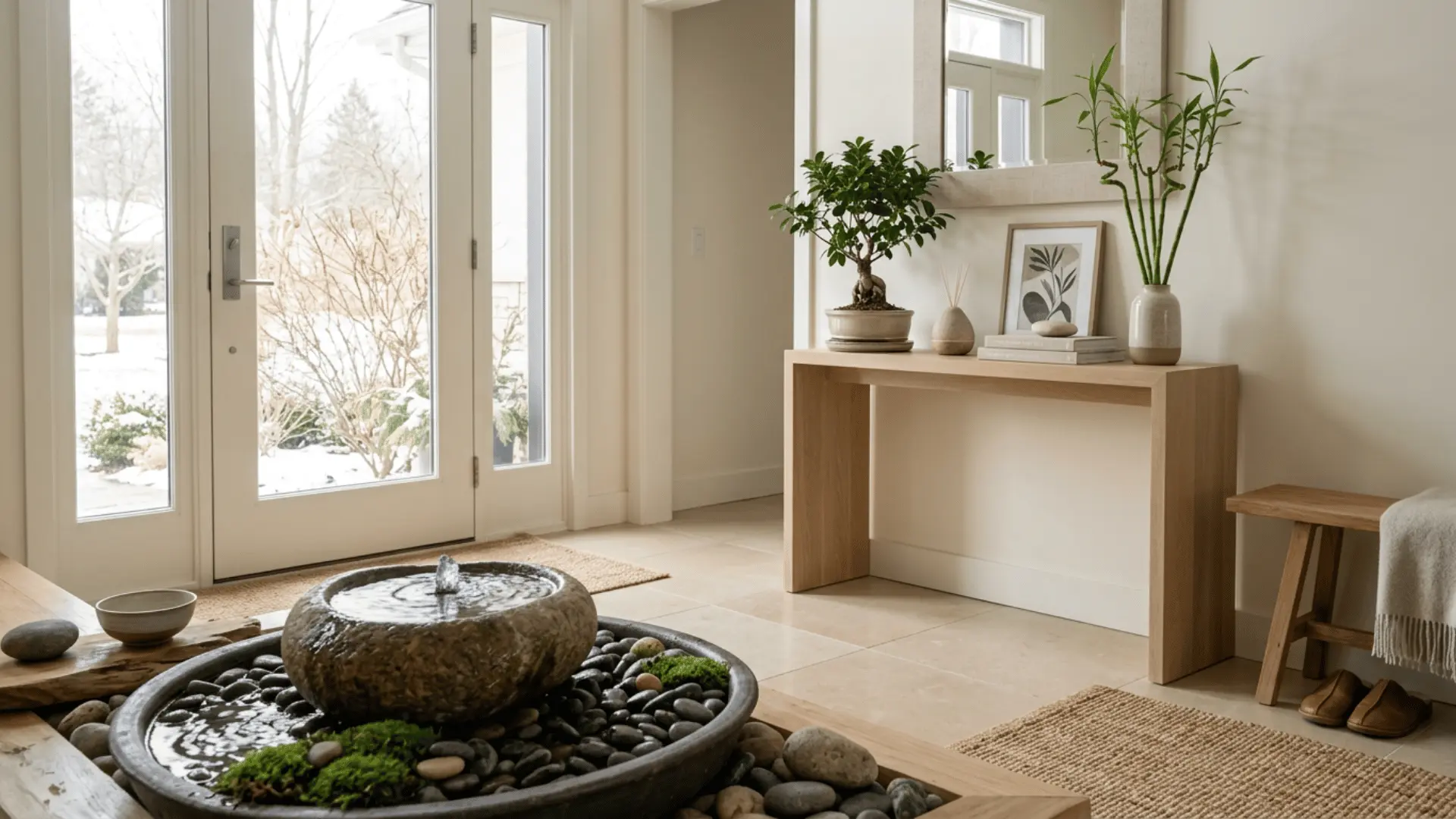 calm entryway with stone fountain and pebble basin glass front doors wood console potted plants and snowy yard view