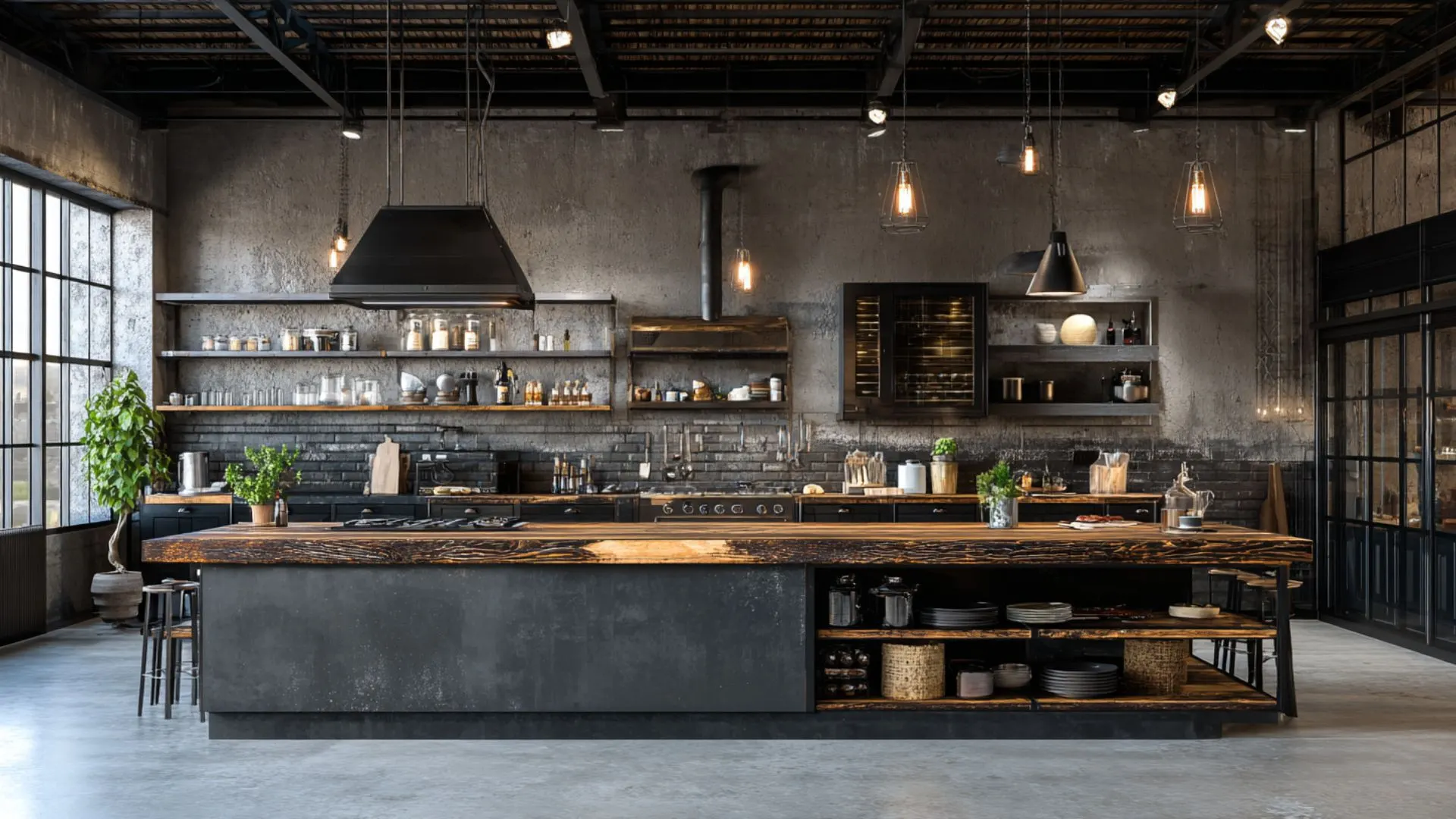 industrial kitchen island with reclaimed wood countertop, dark steel base and open lower shelving in loft space