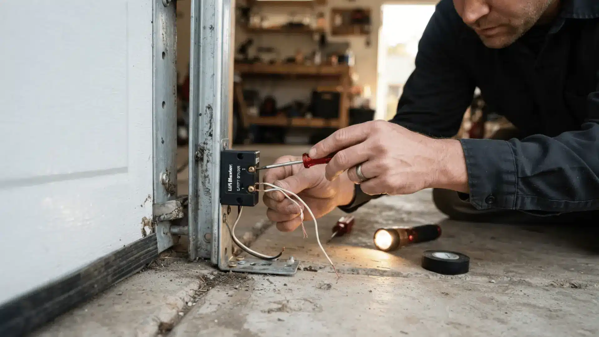 a man uses a screwdriver to adjust wiring on a garage door sensor beside a flashlight and electrical tape