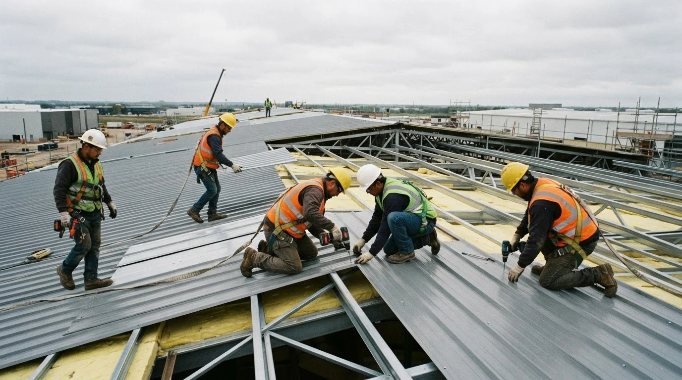construction workers install metal roofing on a large building under a cloudy sky