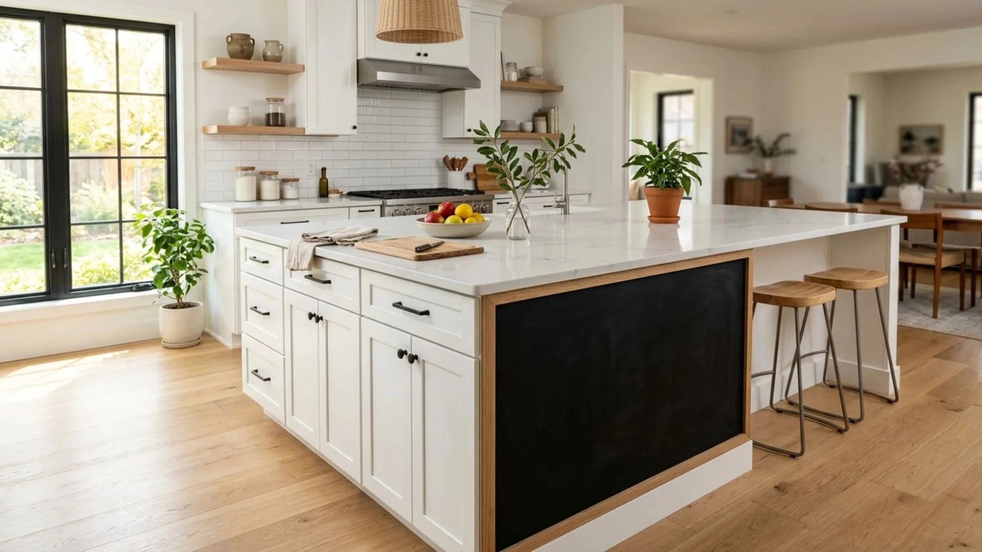 large matte black chalkboard panel framed in wood on white kitchen island end with bar stools beside it