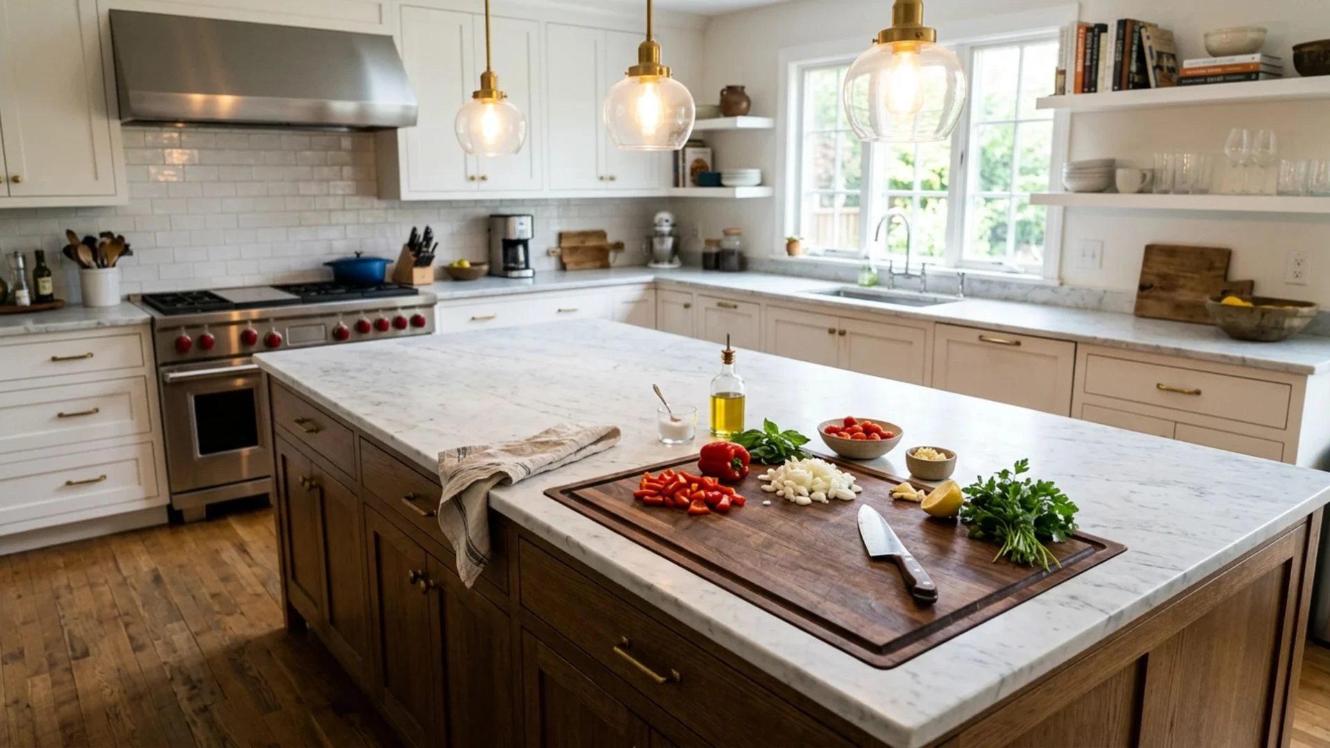 recessed wood cutting board with juice groove set flush into marble kitchen island countertop surface